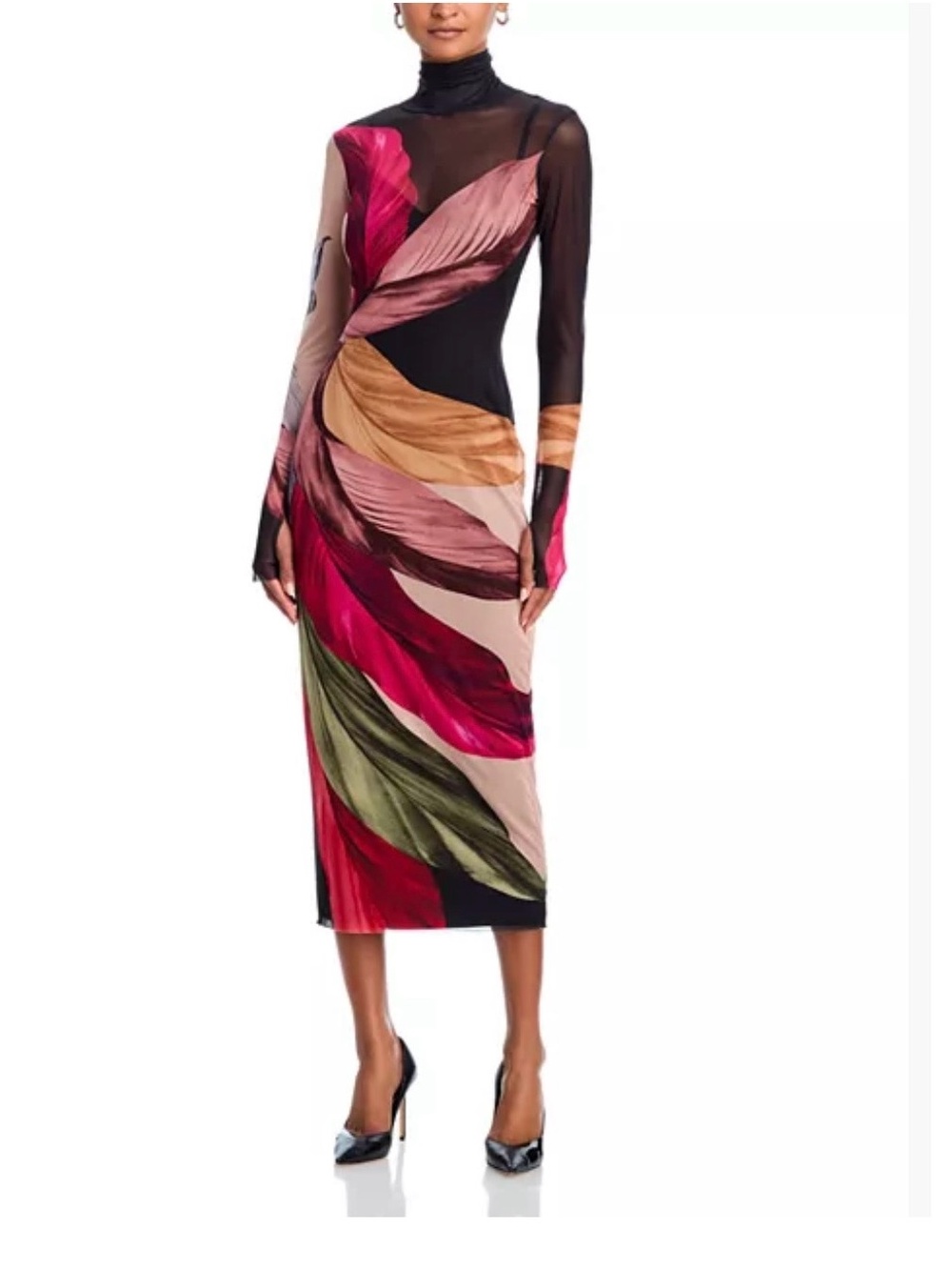 AFRM Shailene Turtleneck Long Sleeve Dress in Multicolor Feather Print - NWT